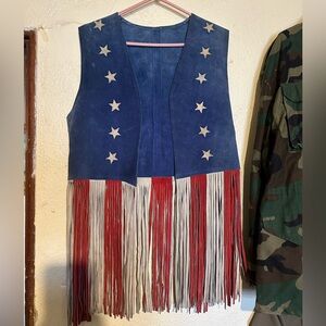 Vintage suede Leather Fringe Vest Red White & Blue Biker Hippie 70s